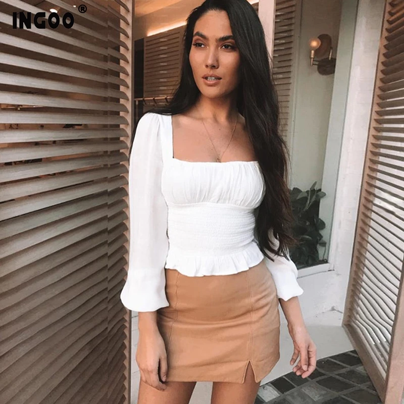 Женский шифоновый топ с оборками и завышенной талией длинным рукавом