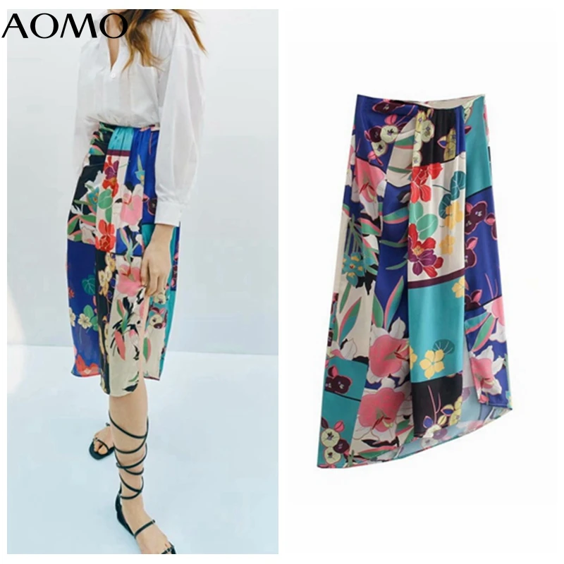 

AOMO Women Blue Floral Pleated Vintage Skirt Zipper Office Ladies Elegant Chic Mid Calf Skirts 3H795A