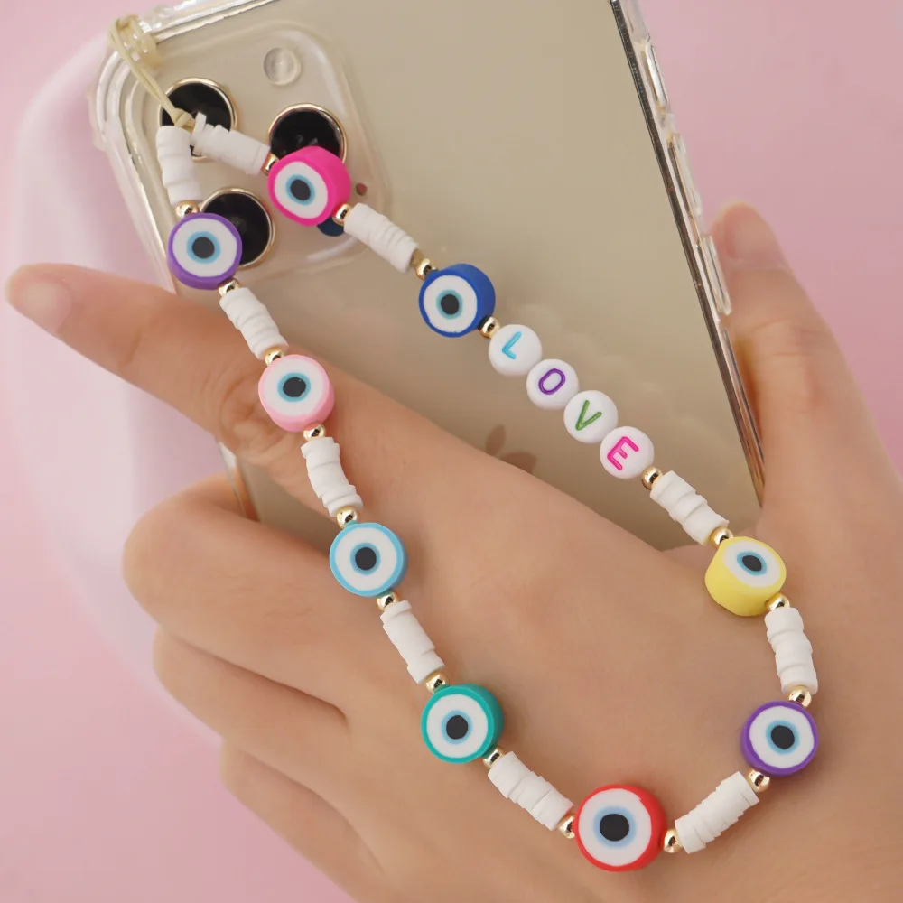 

Bohemian Ethnic Style White Soft Pottery Golden Small Round Beads LOVE Letter Women Mobile Phone Anti-Lost Lanyard Chain Jewelry