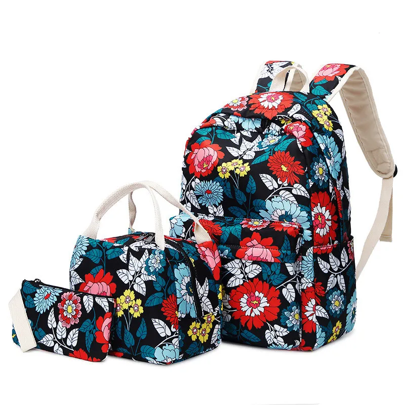 

3pcs/Set Waterproof Nylon Flower Printing Backpack Women Schoolbag for Teen Girls Lunch Box Laptop Rucksack Student Travel bag