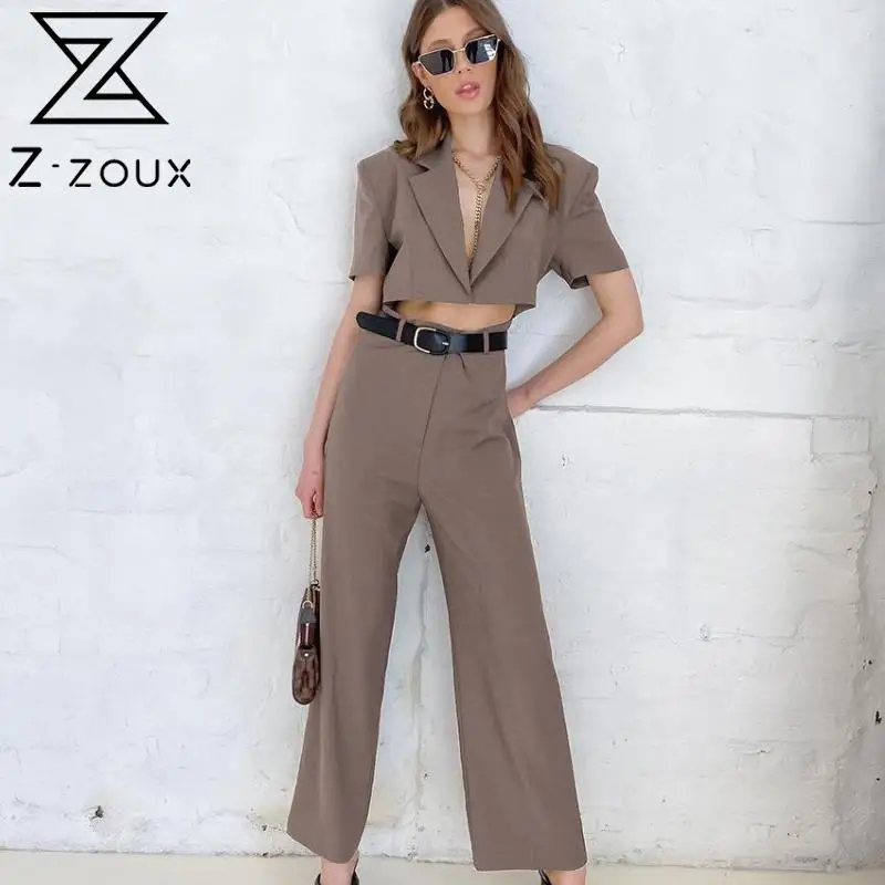 

Женский брючный костюм Z-ZOUX, коричневые костюмы с широкими штанинами и блейзером, осень блейзер с короткими рукавами г., 2021