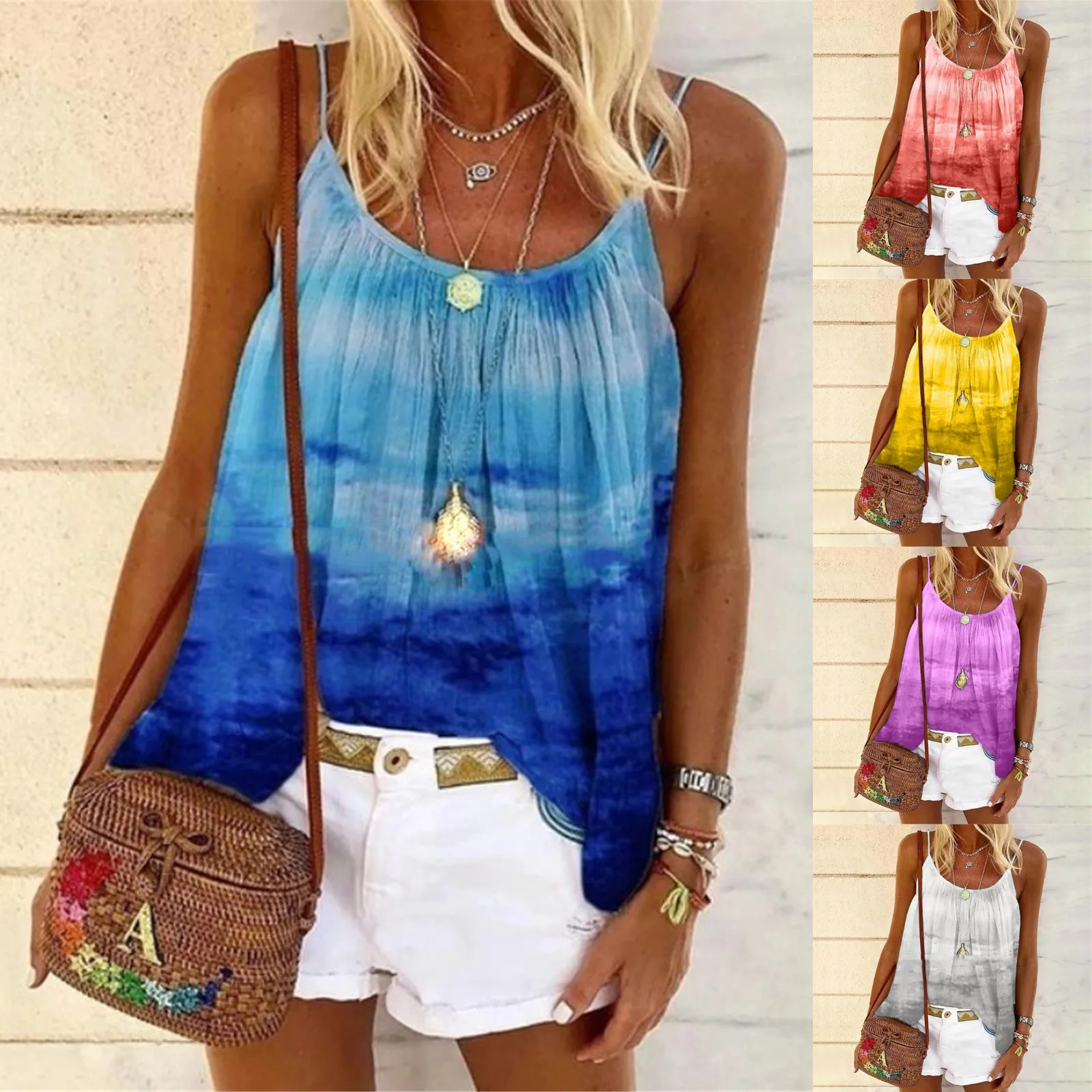 

58# Tops Women 2021 Harajuku Blouse Fashion Tie-dye Print O-neck Sleeveless Camisole Vest Graphic Tank Tops Camisetas De Mujer