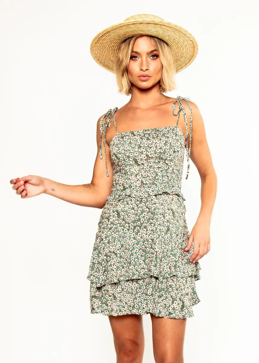 

2021 Women's Dress Spring Summer The New Sexy Backless Sleeveless Sling Floral Printing Splicing Commute A-line Skirt
