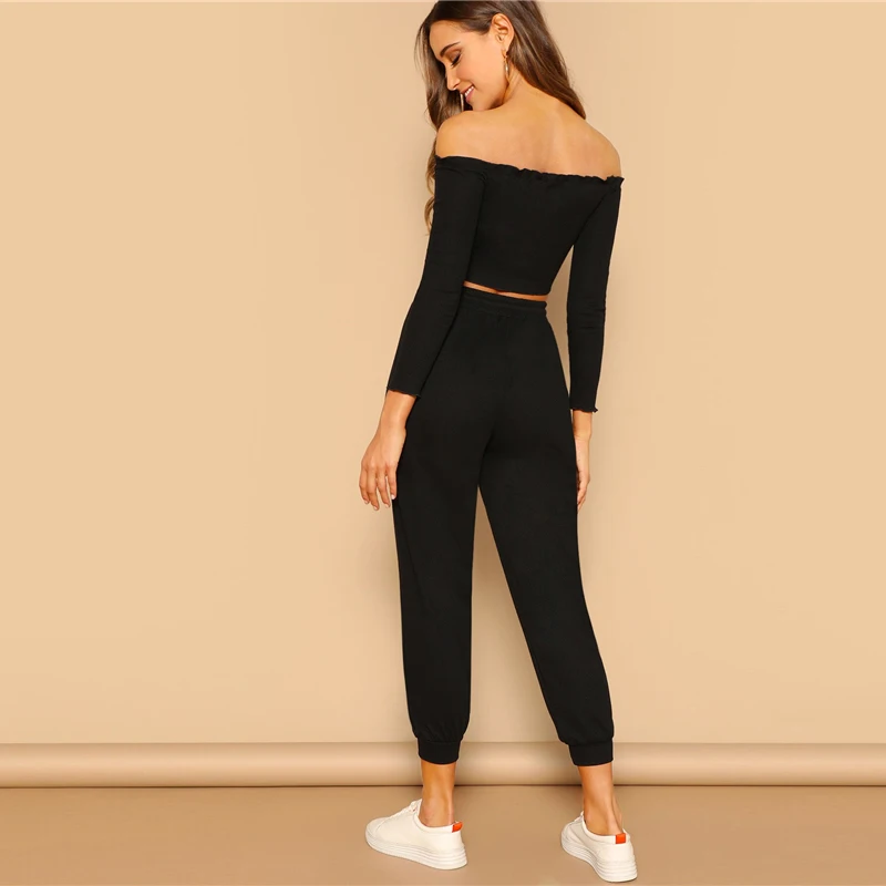 SHEIN Модный Топ С Открытыми Плечами И Спортивные Брюки Женский Спортивный Костюм