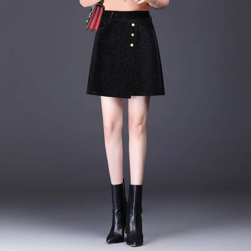Осенне-зимняя новая Вельветовая облегающая черная мини-юбка трапециевидной