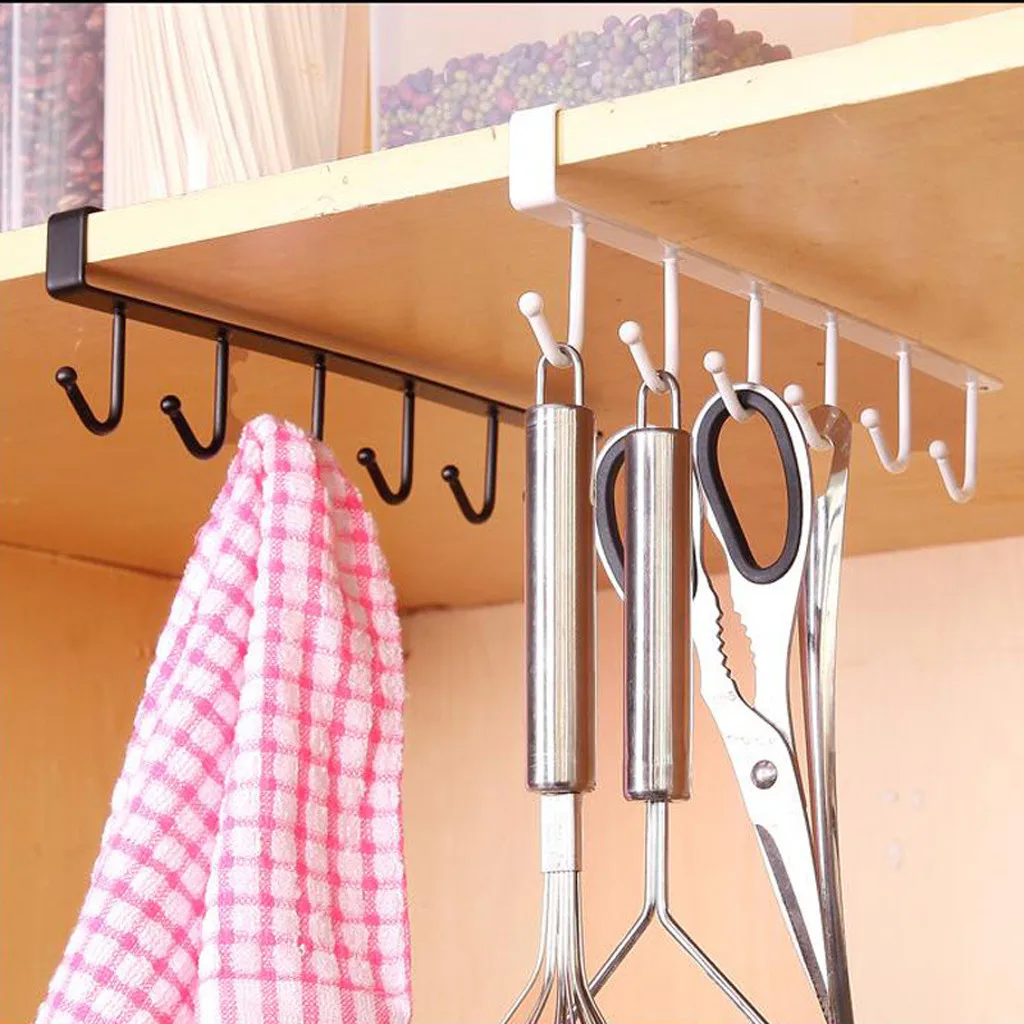 Storage Rack Organiser Kitchen Hook Tools Black And Whi 6 Hooks Cup Holder Hang Multifunctional Cabinet Shelf Metal | Дом и сад