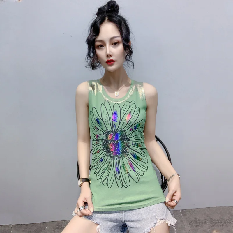 

#5337 летние розовые и зеленые майки с цветочным принтом, женские повседневные винтажные базовые Топы, женские сексуальные эластичные хлопко...