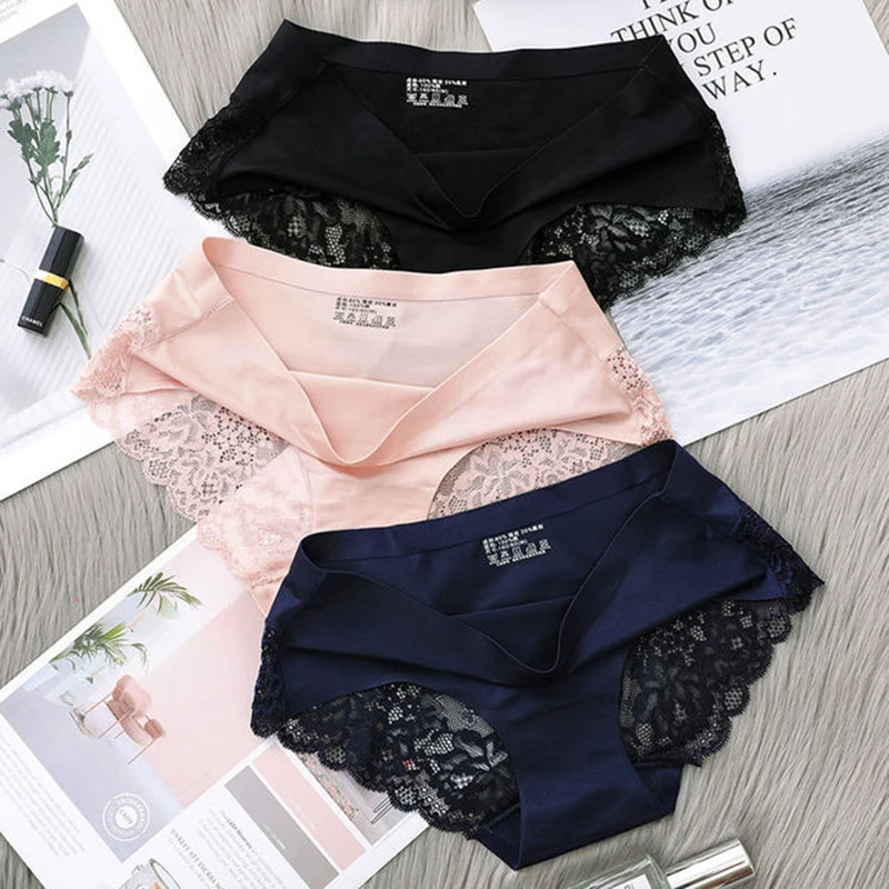 

2Pcs Women Panties Silk Lace Seamless Underwear M-2XL Comfortable Smooth Briefs Lady Underpants Sexy 6 Colors Lingerie