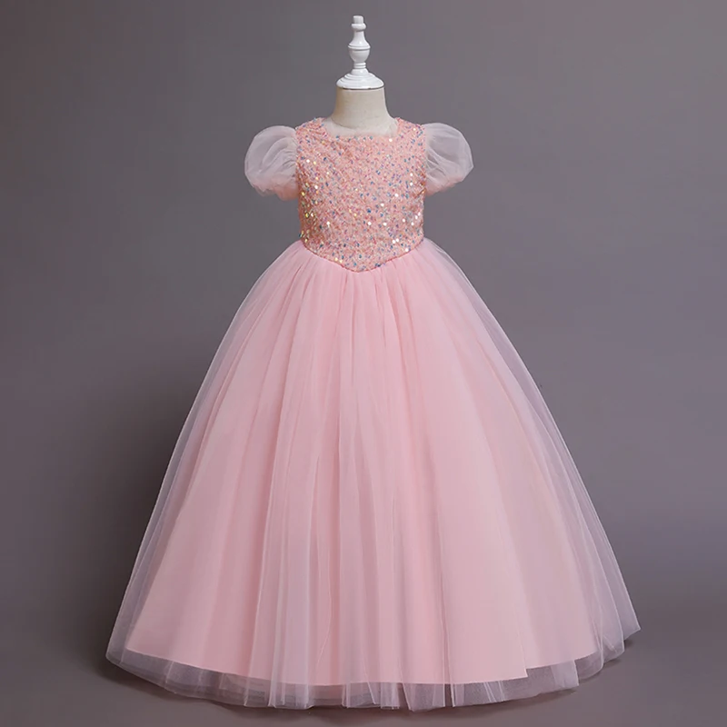 Girls princess dress short sleeve rainbow color elegant wedding party opening celebration puff skirt long sleeveless dress 2021