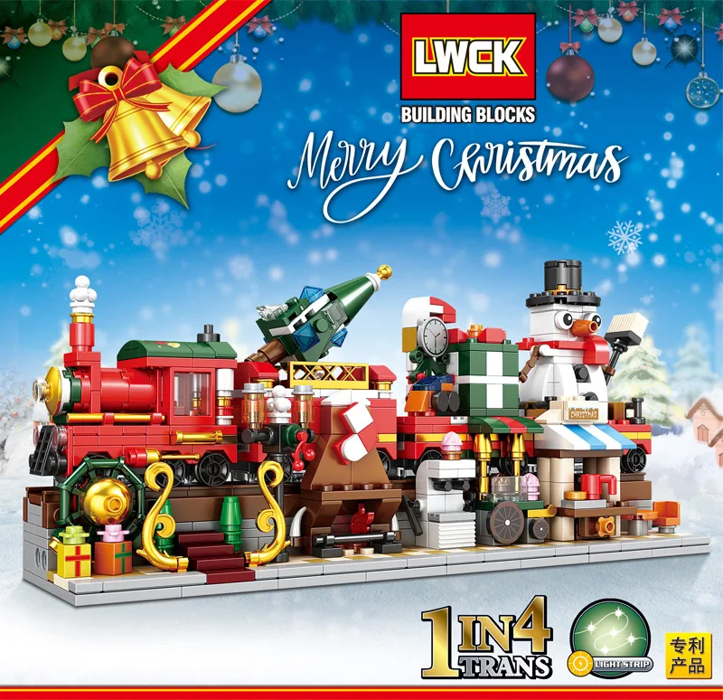 WM конструктор Рождественская серия Красные поезда с четыремя в одном уличный вид