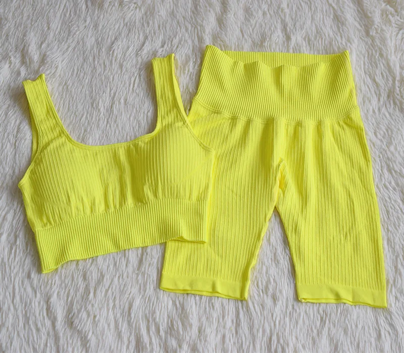 

2 Piece Sets Women Yellow Yoga Sets Ribbed Seamless Sports Sets Running Bra High Waisted Shorts Workout Clothes for Women