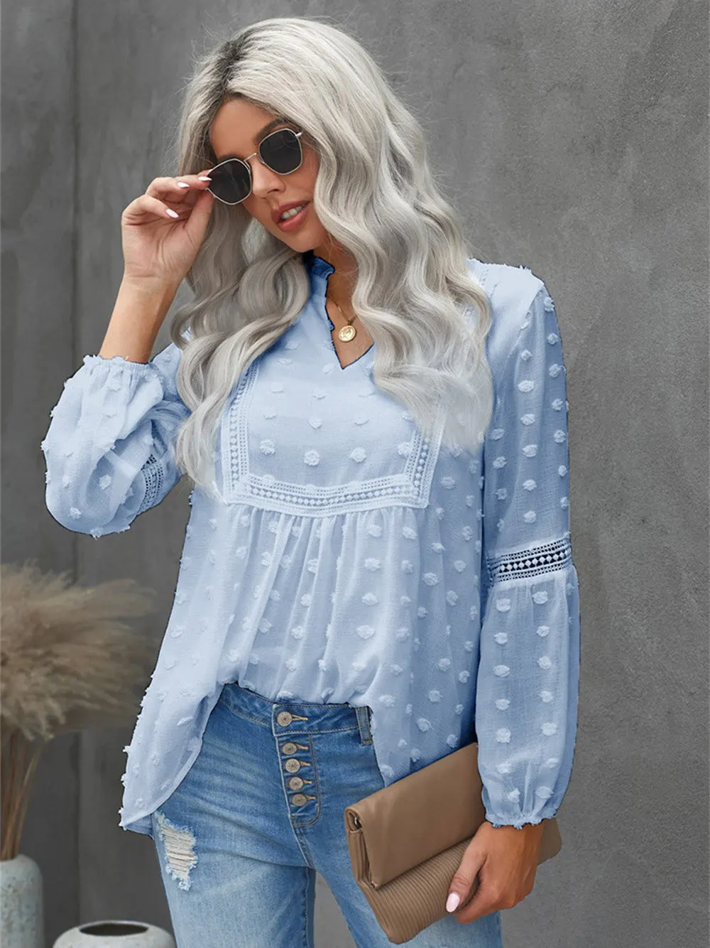 

Alogant Women's Vintage Chiffon Blouse Mesh Crochet Lace Insert Swiss Dot Boho Shirts Flowy Tunic Tops