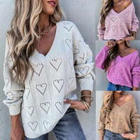2021 women and pure color v neck hollow heart shaped loose striped sweater knitting fashion sweater pullover cropped sweater