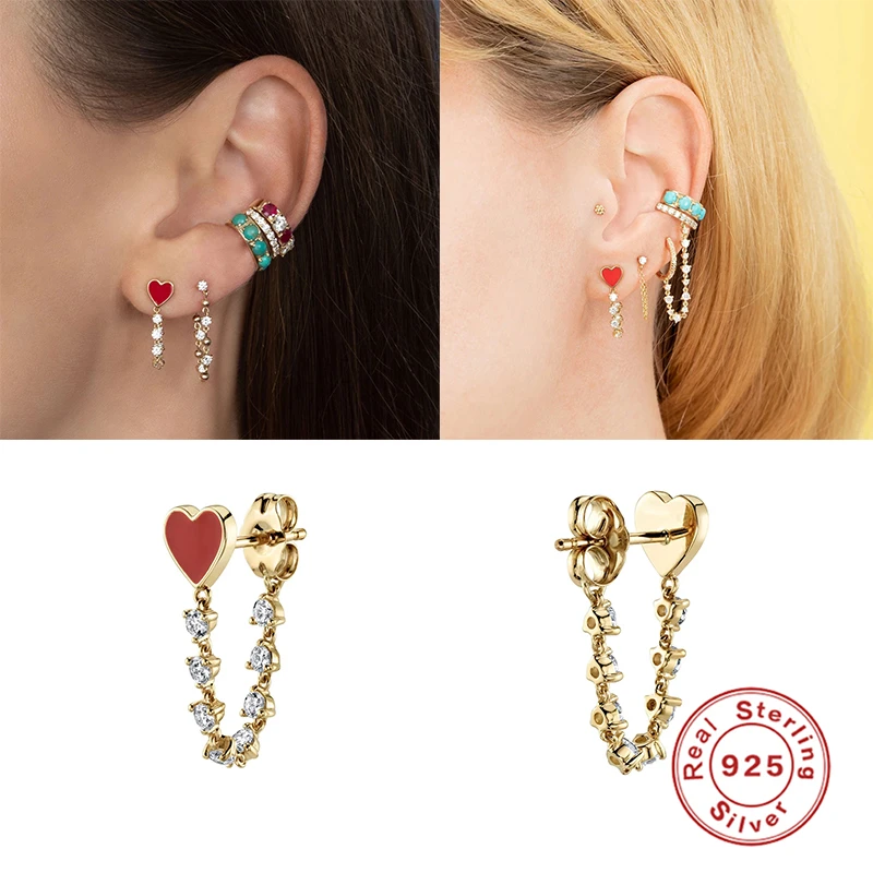 

Boako S925 Sterling Silver Luxury Red Love Heart Pendientes Chain Stud Earrings For lovers' Wedding Gifts Jewelry Earring Chains