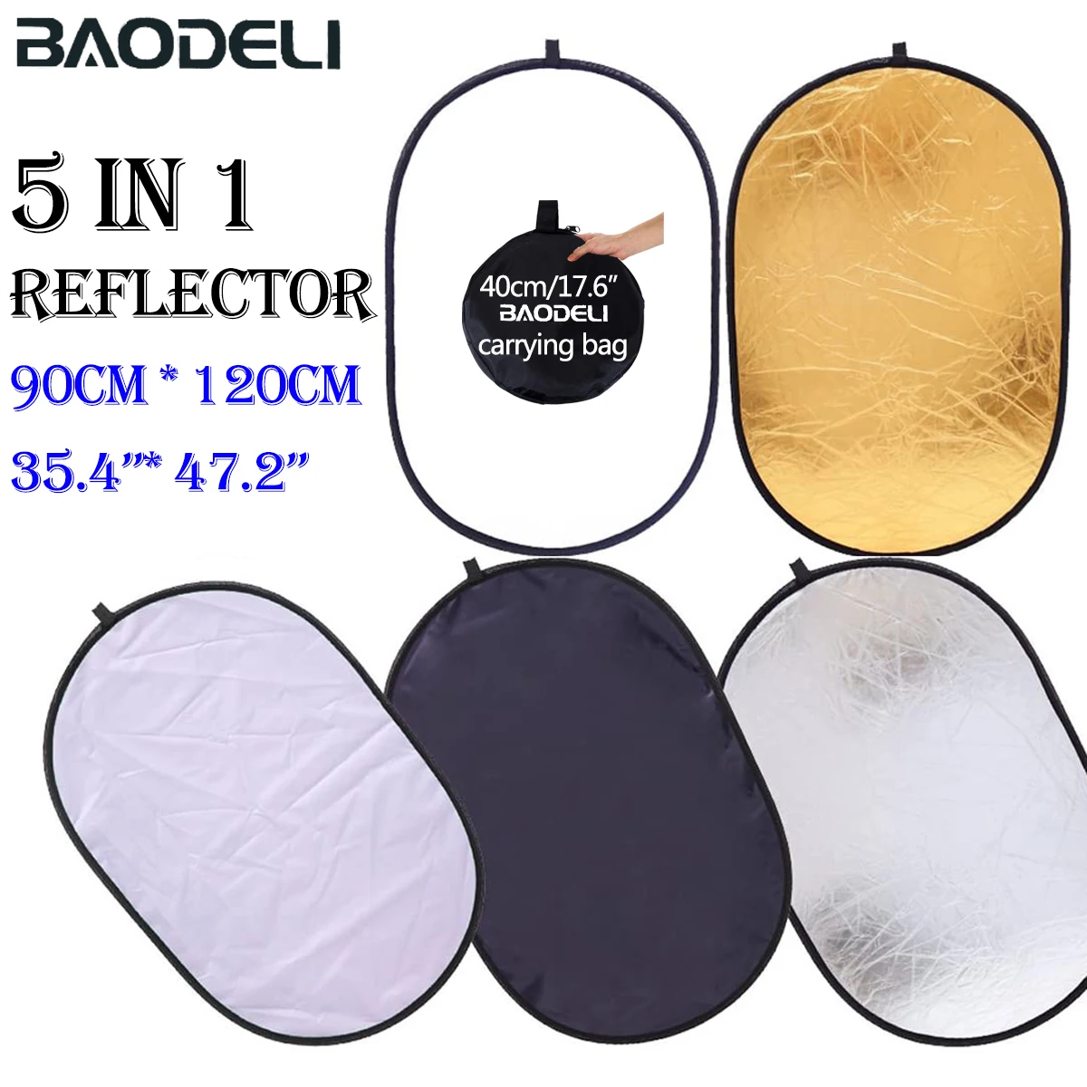 

35"x47" 90x120cm 5in1 Reflector Collapsible Portable Soft Light Diffuser Oval Photo Disc Multi Color Silvery Black White Golden