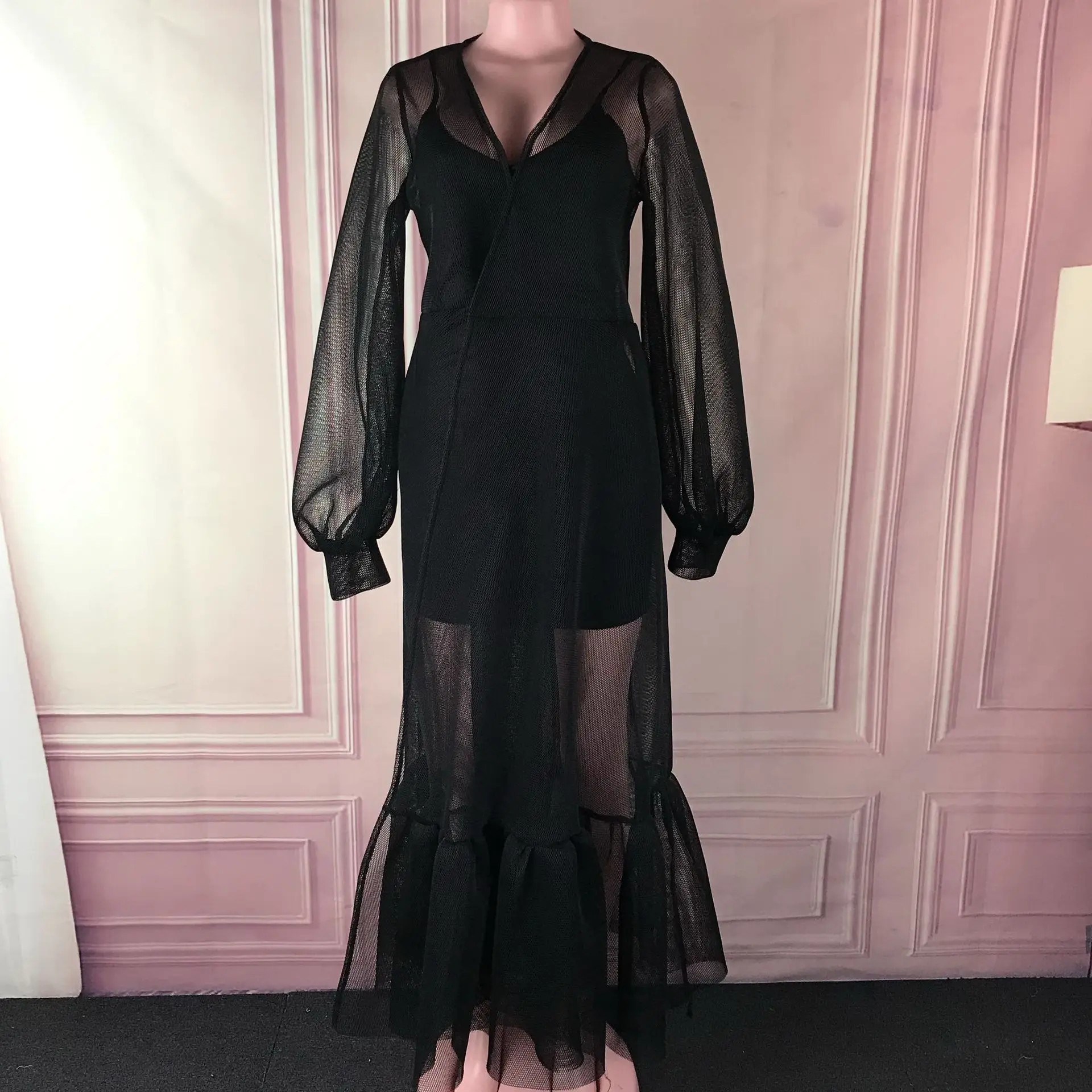 

Black 2 Pieces Dress Mesh See Through Lanten Sleeves V Neck for Women Spaghetti Strap Bodycon Dresses Transparent Two Pieces Set