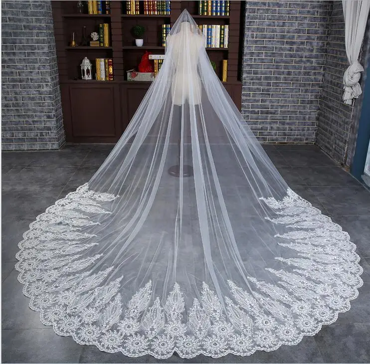 

New Arrival 3 Meter Cathedral Wedding Veil Ivory Lace Appliques Beaded Bridal headwear Welon Boda casamento Bridal Veils