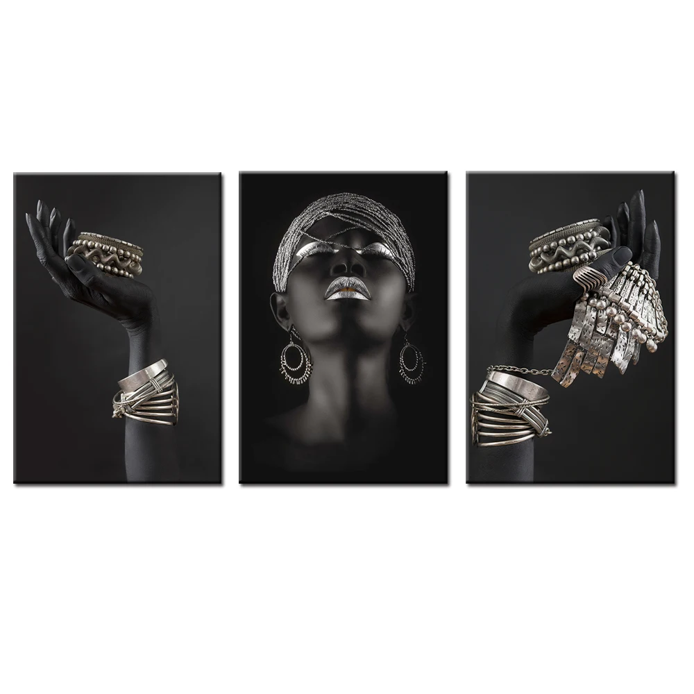 

African Woman Holding Silver Jewelry Art Paintings on the Wall Art Posters and Prints Black Hands Model Art Pictures Home Decor