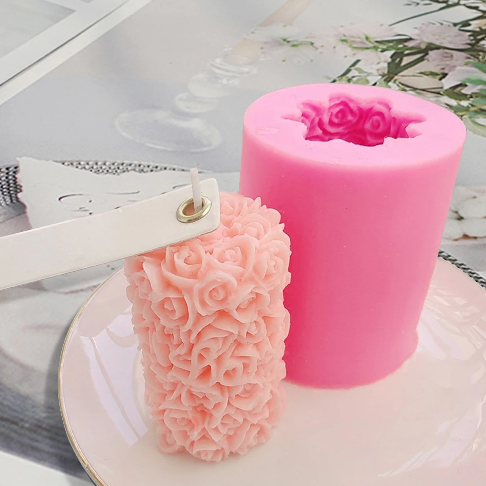 

3D Rose Cylinder Flower Candle Silicone Mold DIY Gypsum Plaster Mould Cylinder Shape Silicone Soap Candle Molds