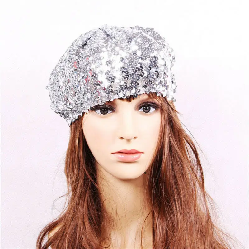 Для женщин блесток Bling cap стрейч бини металлик блестящая французская шляпа берет