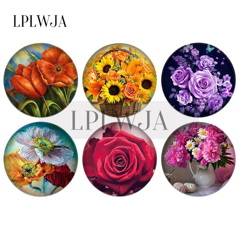 

LPLWJA Rose Flower Sunflower Paintings Round Glass Photo Cabochon Flatback Base Tray Blank Jewelry Accessories Findings