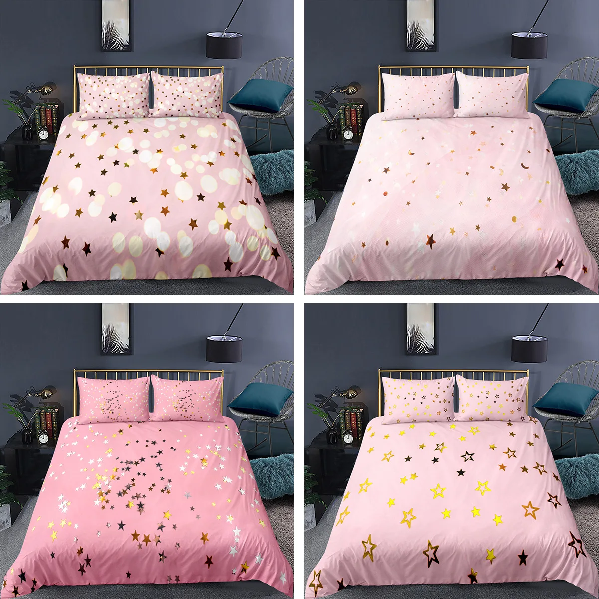 Комплект постельного белья с розовым принтом сияющие звезды 3D роскошный