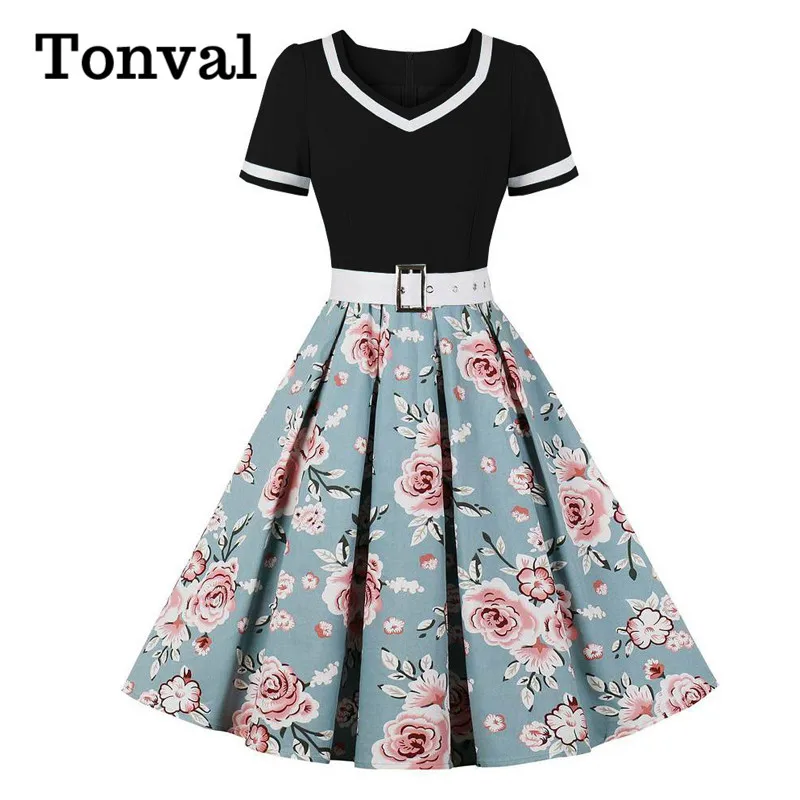 

Tonval Black and Blue Short Sleeve Rockabilly 50s Floral Dresses for Women Party Vintage Clothes Robe Belted Pleated Dress