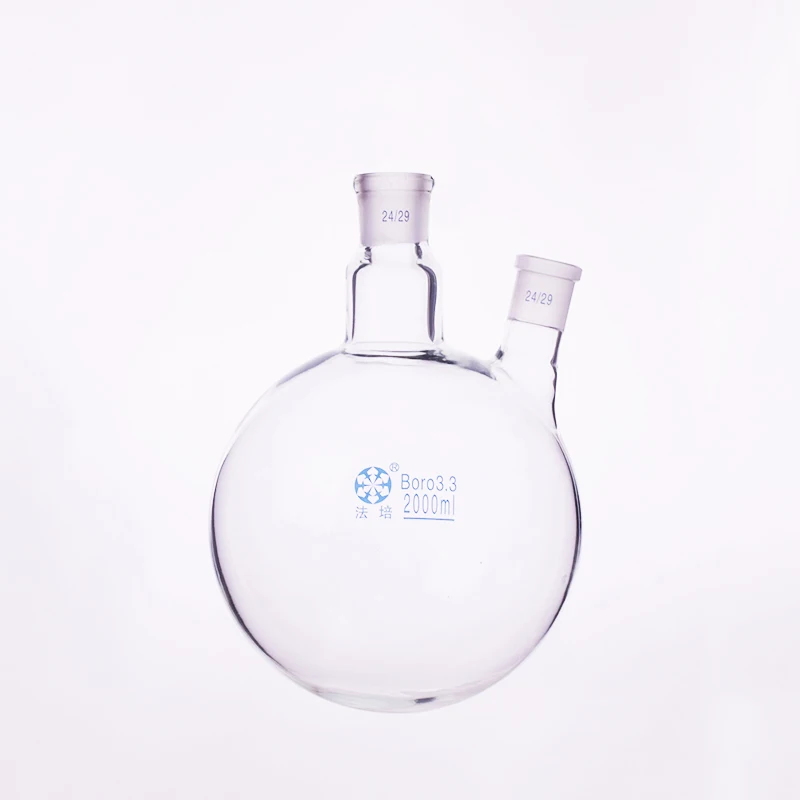 Cena Dwuszyjny, Ukośny Kształt Kolby, Z Dwoma Szyjkami, Standardowy Otwór Szlifujący, Pojemność 2000ml, środkowe Złącze 24/29 I Złącze Boczne 24/29