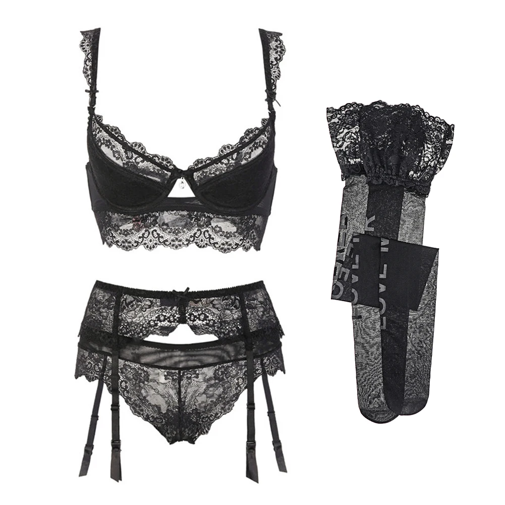 

Ningsige Letter Stockings Sexy Lace Bra Set Bra+Panties+Garter+Stockings 4pcs/Lots For Women