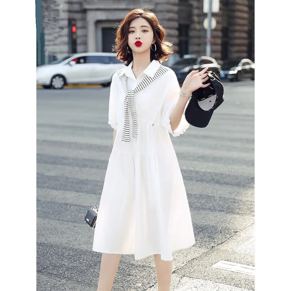 

Хлопковая рубашка, белое платье-шаль, женское летнее платье средней длины для девочек, свободное детское платье