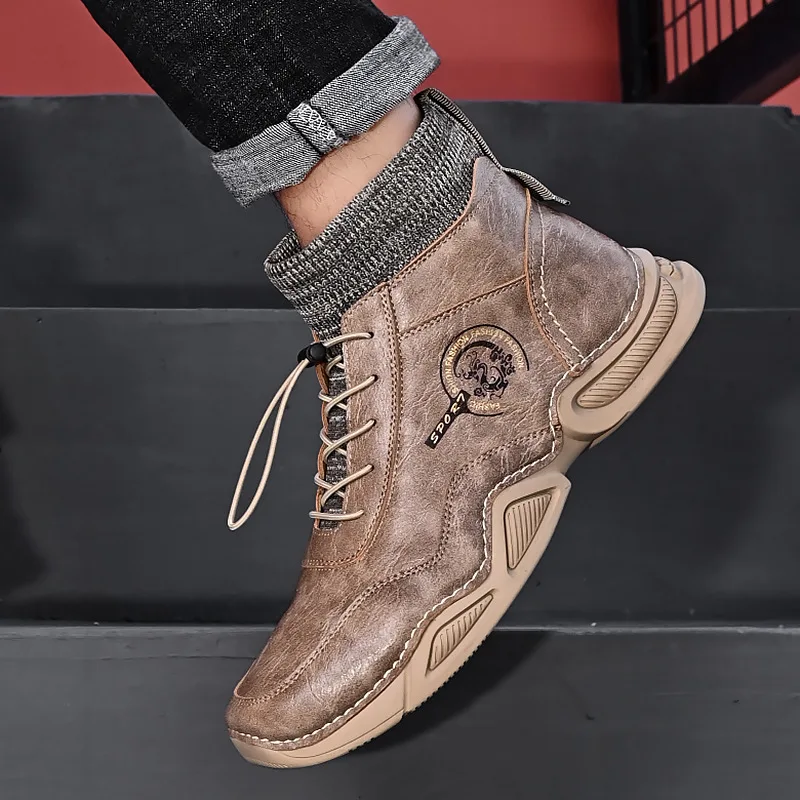 

2021 winter men's leather boots high-top warm socks mouth snow boots men's riding boots large size leather shoes men