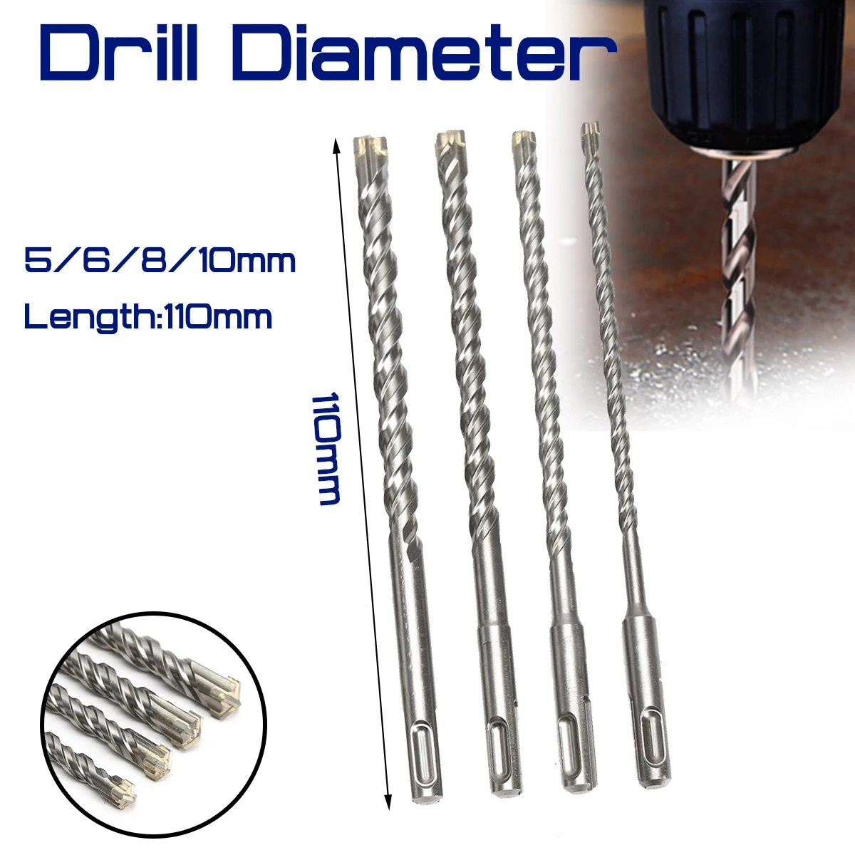 

11cm Concrete Drill Bit For Electric Dril Double SDS Plus Slot Masonry Hammer Head Tool 5/6/8/10mm High Speed White Steel Wrench