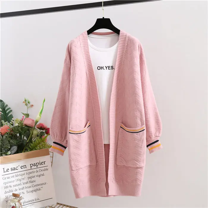 

V-neck Cardigan Sweater Women 2021 New Spring Matching Color Matching Lantern Sleeves Loose Tops Long Knitted Jacket