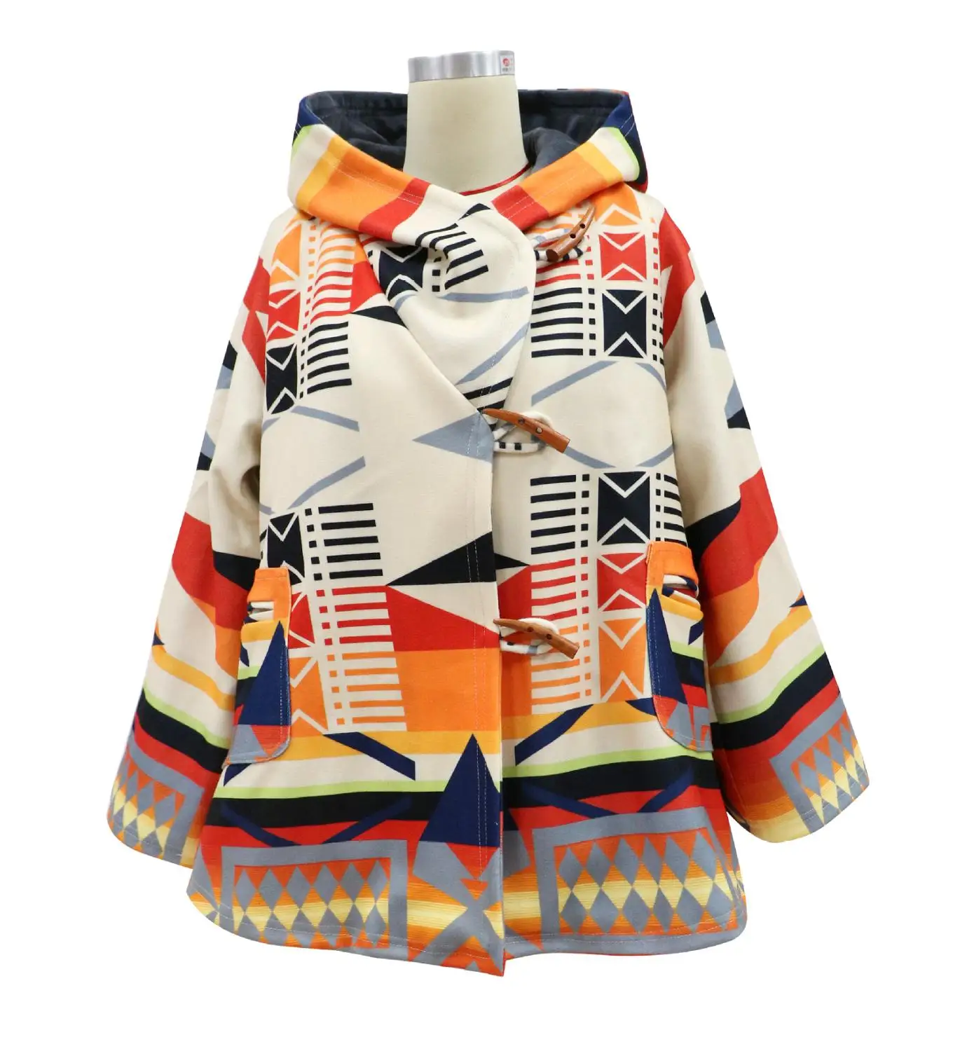 

Women Retro Style Hooded Cape Autumn Winter Causal Horn Buckle Overcoat Windbreaker Female Fashion Embroidery Print Long-Sleeve