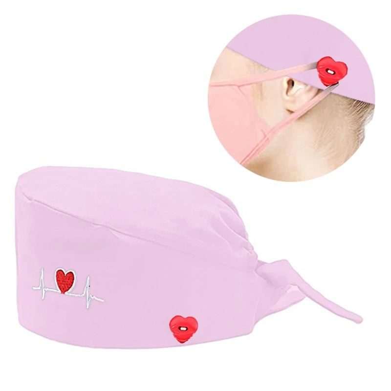 

Solid Color Women ECG Pattern Cap with Buttons Lace-up Scrub Bouffant Hat for Doctor Nurse Headwear Clothing Accessories