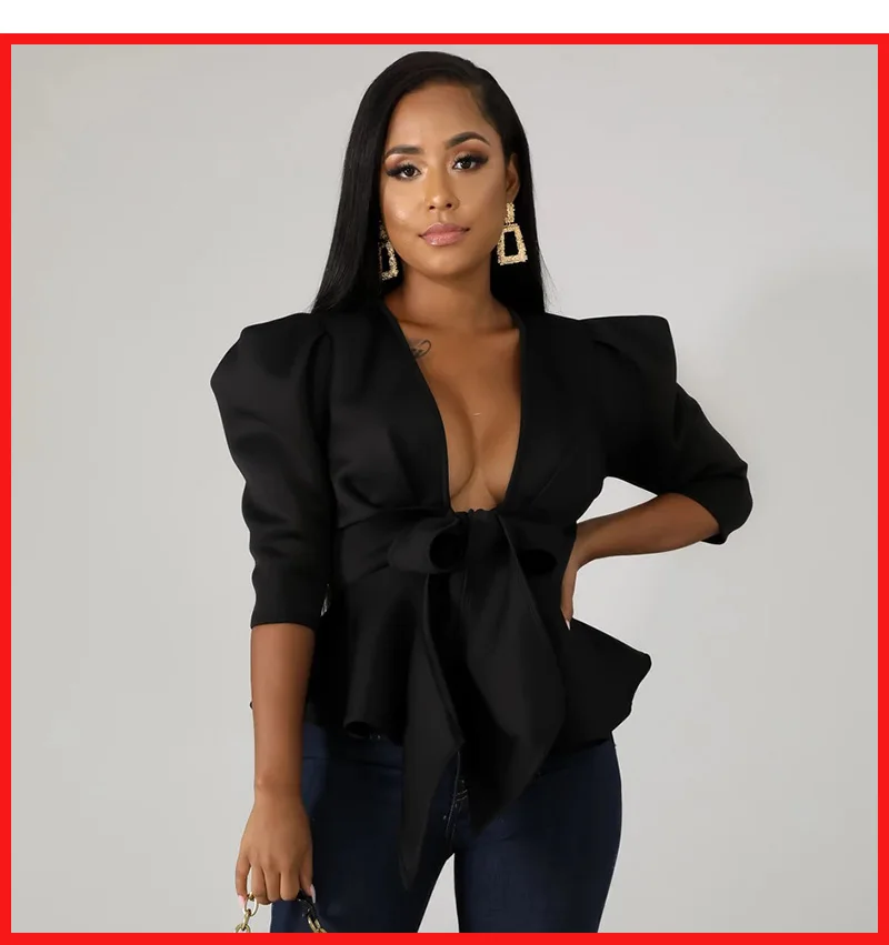 Stigende Half Sleeve Sexy Deep V Neck Bow Blouse Women Summer Casual Solid Color Ruffle Blouse Elegant Bandage Crop Blouse Top
