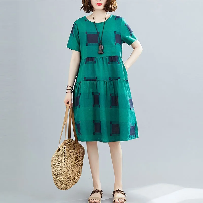 Женское Повседневное платье в клетку свободное хлопково-льняное Платье До