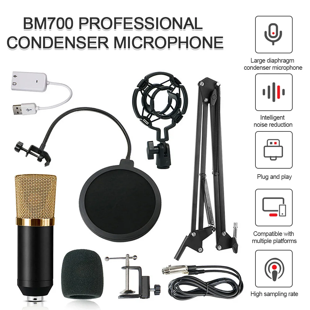 

USB Microphone Kit 20Hz-20KHz Professional Podcast BM700 Condenser Mic For KTV PC Youtube Studio Recording Prevents Wind Noise