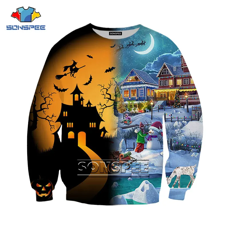 

Novelty Christmas Snow Scene and Halloween Ghost Castle Pincou Contrast Color Splicing Sweatshirt Fashion Oversized Tracksuit