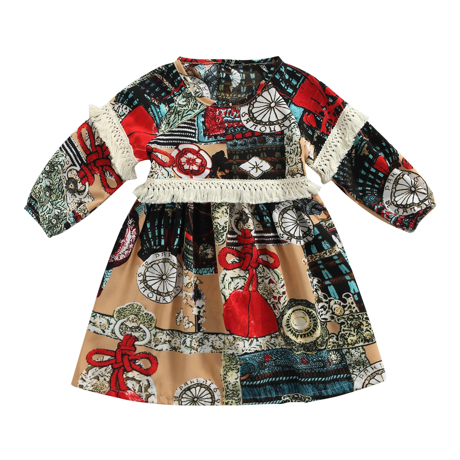 

2-7 years baby girl dresses Baby Long Sleeve Dress with Tassel Decoration, Ethnic Style Printing Round Neck Spring Clothing