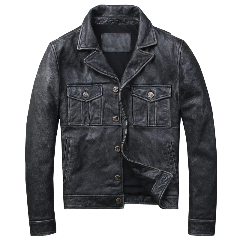 

Autumn Winter Mens Washed Leather Jacket Men's Vintage Black Cowskin Leather Coats Short Slim Overcoats Single Breasted 3Xl