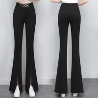 spring and autumn trousers womens korean fashion split high waist elasticity casual pants black slim flare pants woman