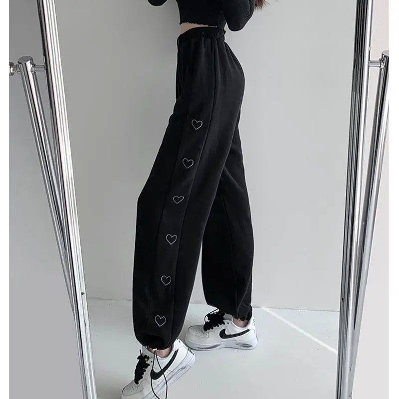 

Loose Love pattern Sweatpants Womens Thin Straight Leg Long Pants Womens Drawstring Embroidery Bandage Straight Leg Trousers
