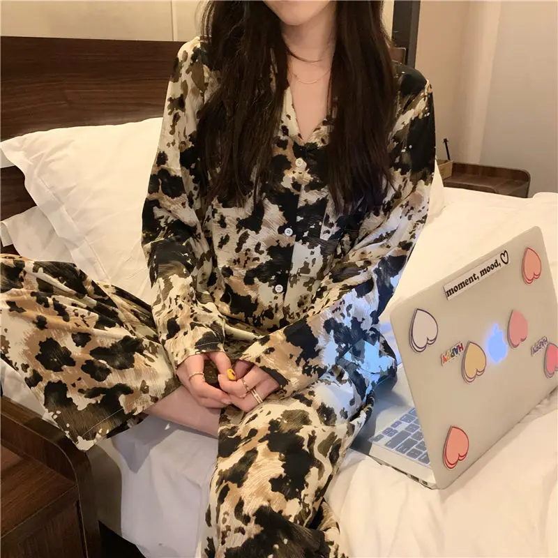 QWEEK Womens Pajamas Spring Autumn Loungewear Two Piece Set Ink Painting Printing Bedroom Set Pijamas Pyjamas Sleepwear Fashion