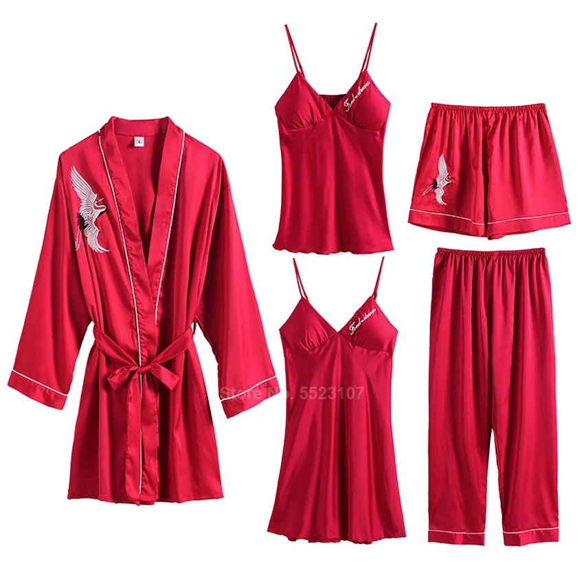 Комплект пижамный женский атласный из 5 предметов шелковая ночная рубашка с