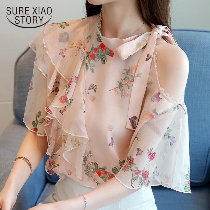 Модные женские топы и блузки Розовая Шифоновая Блузка с принтом рубашка летние