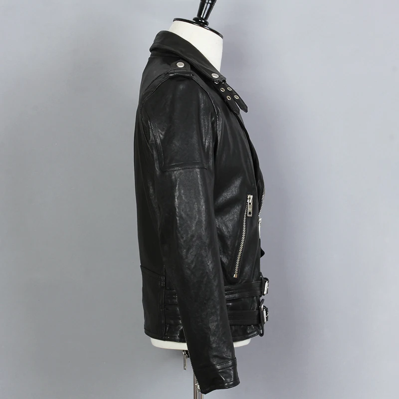 Натуральная модная кожаная мужская Черная байкерская куртка из овчины с