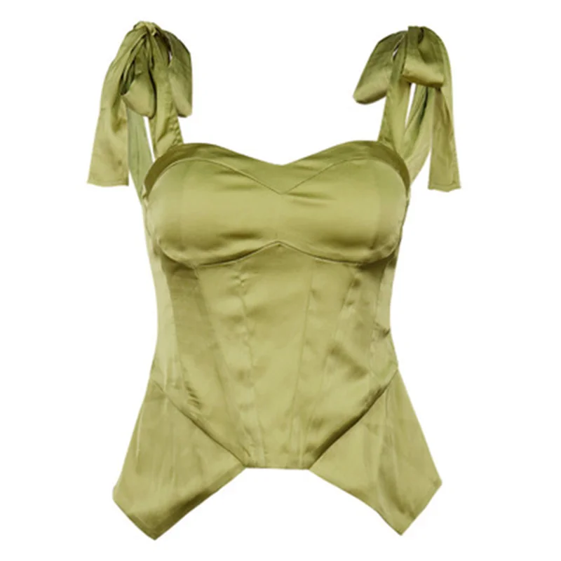 

Love Aing 2021 Summer New Style Women Sleeveless Green Corset Top Sexy Square Neck Satin Corset Fashion Designer Style