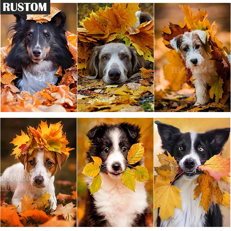 

5D DIY Diamond Painting Animal Cross Stitch Autumn Leaves Dog Diamond Embroidery Full Square Round Drill Home Decor Manual Gift