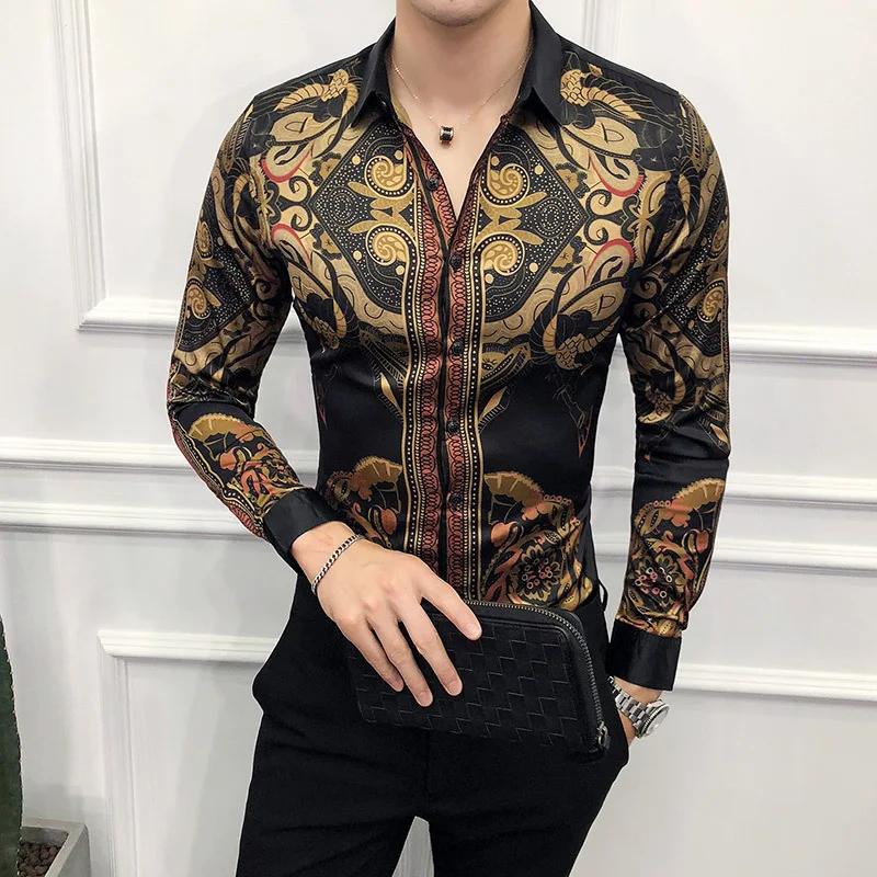 

Men Clothing 2021 Korean Slim Long Sleeve Shirt Palace Style Youth Totem Print Shirt Men Camisas Para Hombre